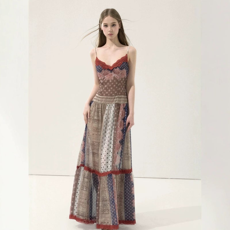 Wooha Summer 2026 Vintage Print Patchwork Long Strap Dress - Image 1
