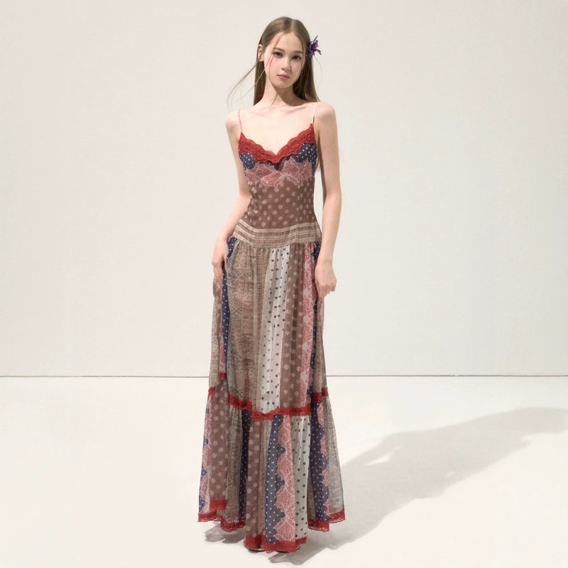 Wooha Summer 2026 Vintage Print Patchwork Long Strap Dress - Image 4