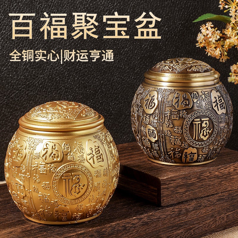 Brass Baifu Cylinder With Lid, Large Brass Rice Cylinder With Rice Treasure, Tea Can Basin, Piggy Bank, Cornucopia - Image 2