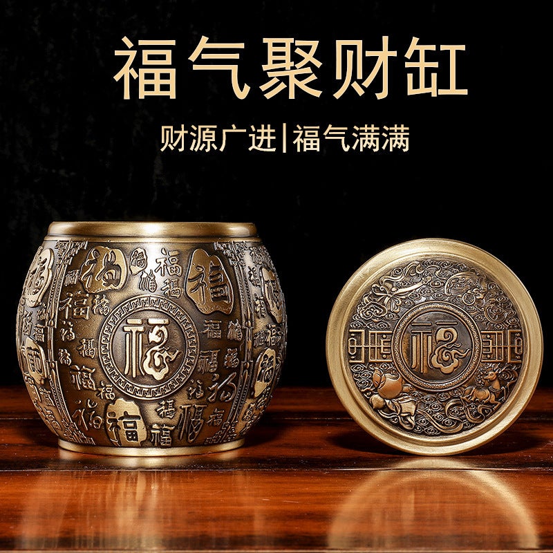 Brass Baifu Cylinder With Lid, Large Brass Rice Cylinder With Rice Treasure, Tea Can Basin, Piggy Bank, Cornucopia - Image 3