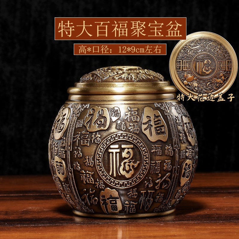 Brass Baifu Cylinder With Lid, Large Brass Rice Cylinder With Rice Treasure, Tea Can Basin, Piggy Bank, Cornucopia - Image 1