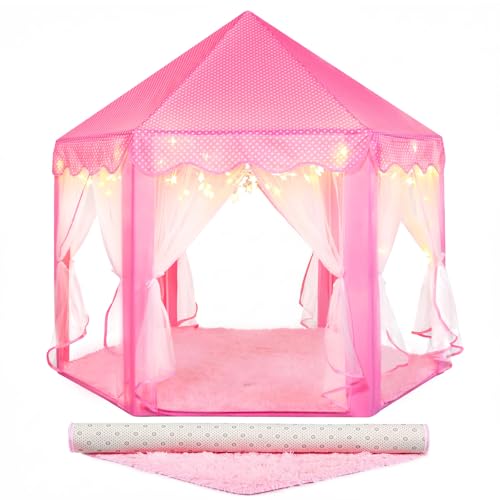 Wilwolfer Princess Tent for Girls Fairy Castle Play Tents for Kids Toddler Hexagon Kids Playhouse with Gift Box Princess Toys  Gift for Girls for IndoorPink Tent with Mat - Image 1