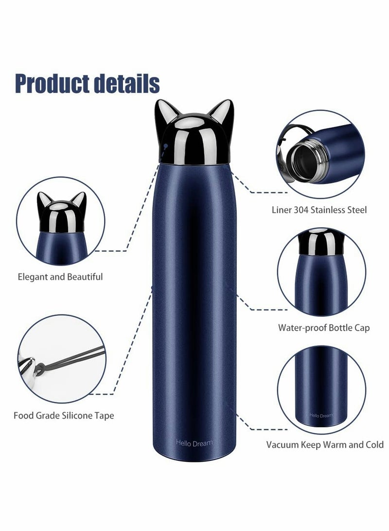 Cute Cat Water Bottle, Stainless Steel Insulated Water Bottles Thermos Vacuum Travel Coffee Mug for Kids Girls Women Leak-proof Cat Insulated Water Bottle, 320 ml/10.8 oz (Blue)