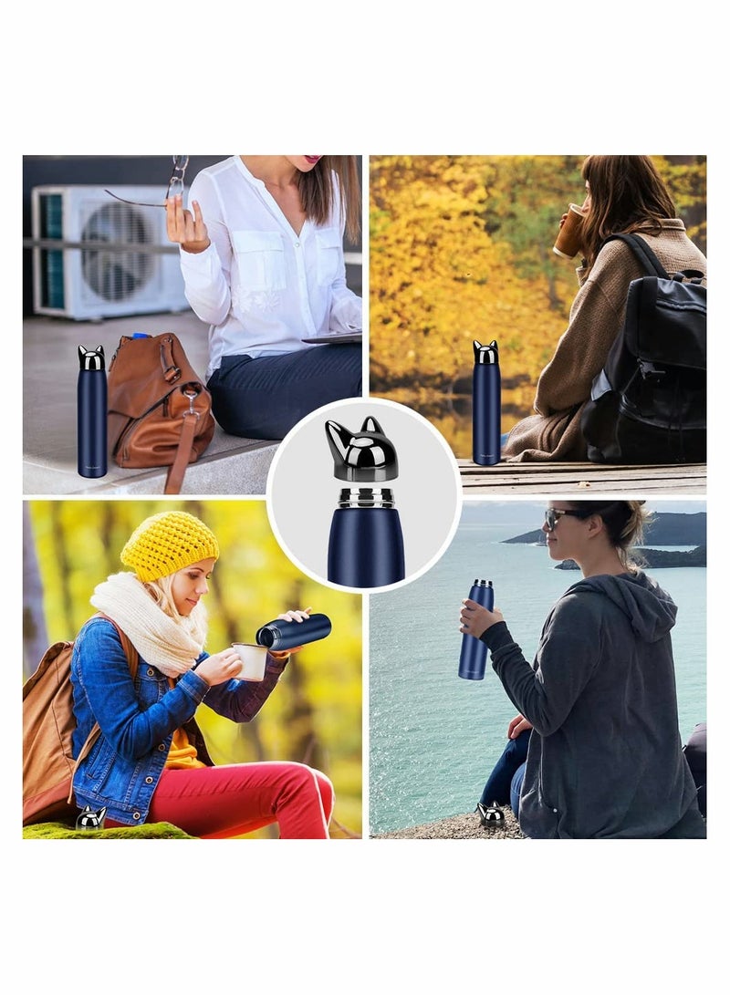 Cute Cat Water Bottle, Stainless Steel Insulated Water Bottles Thermos Vacuum Travel Coffee Mug for Kids Girls Women Leak-proof Cat Insulated Water Bottle, 320 ml/10.8 oz (Blue)