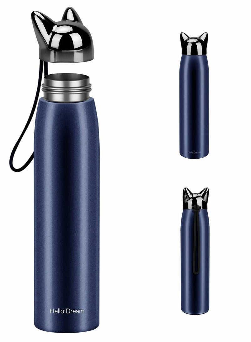 Cute Cat Water Bottle, Stainless Steel Insulated Water Bottles Thermos Vacuum Travel Coffee Mug for Kids Girls Women Leak-proof Cat Insulated Water Bottle, 320 ml/10.8 oz (Blue)