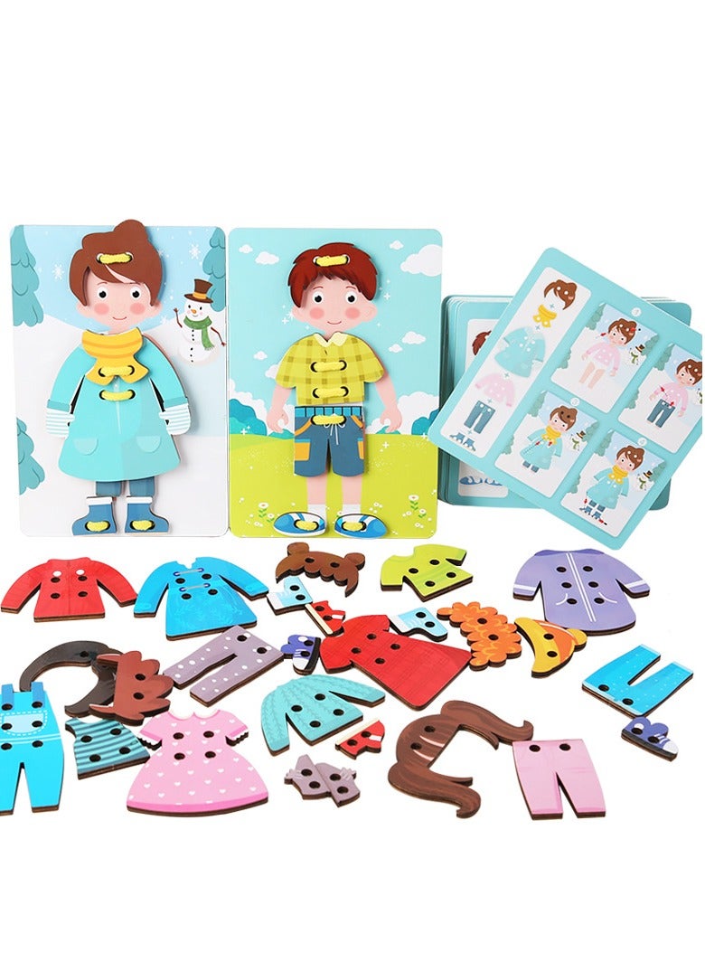 Montessori Toys Gifts Wood Clothes Tying Toy,Learn to Tying Fine Motor Skill Threading Game Educational Toy