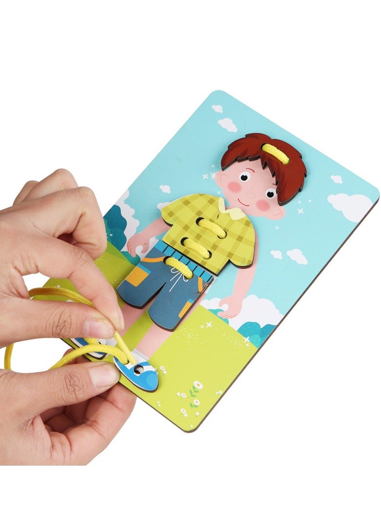 Montessori Toys Gifts Wood Clothes Tying Toy,Learn to Tying Fine Motor Skill Threading Game Educational Toy