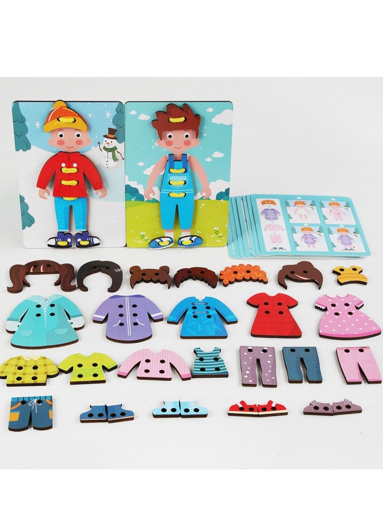 Montessori Toys Gifts Wood Clothes Tying Toy,Learn to Tying Fine Motor Skill Threading Game Educational Toy
