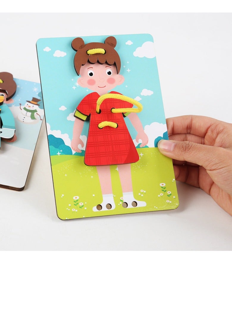 Montessori Toys Gifts Wood Clothes Tying Toy,Learn to Tying Fine Motor Skill Threading Game Educational Toy