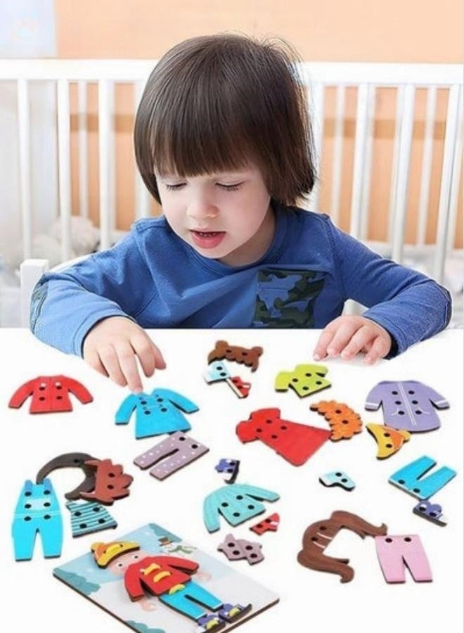 Montessori Toys Gifts Wood Clothes Tying Toy,Learn to Tying Fine Motor Skill Threading Game Educational Toy