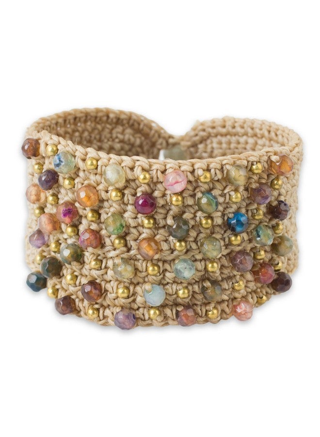 NOVICA Artisan Handmade Agate Wristband Bracelet Crocheted With Multi Color Agates Brass Labradorite Multicolor Beige Grey Beaded Style Thailand 'Life In Pai' - Image 1