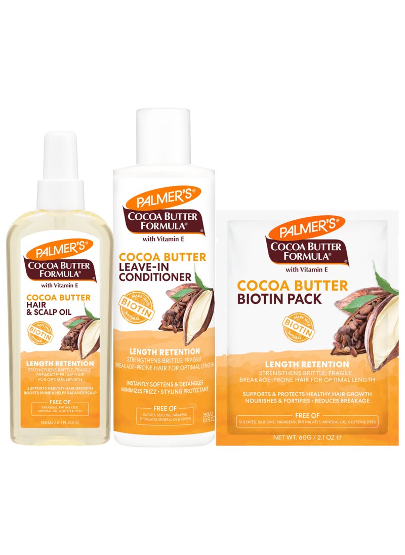 PALMER'S Palmer's Cocoa Butter Hair & Scalp Care Bundle: Oil Spray (5.1 fl oz), Leave-In Conditioner (8.5 fl oz), and Biotin Packette (2.1 oz) 