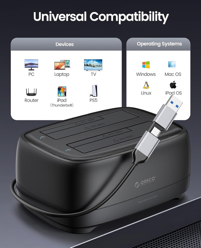 أوريكو ORICO قاعدة محرك الأقراص الصلبة الخارجية مع مكرر/ناسخ SATA إلى USB C لأقراص 2.5/3.5 بوصة من Seagate Samsung WD Crucial SanDisk SSD HDD، فتحة مزدوجة بسعة 36 تيرابايت لأجهزة PS5 Xbox PC Laptop - Image 4