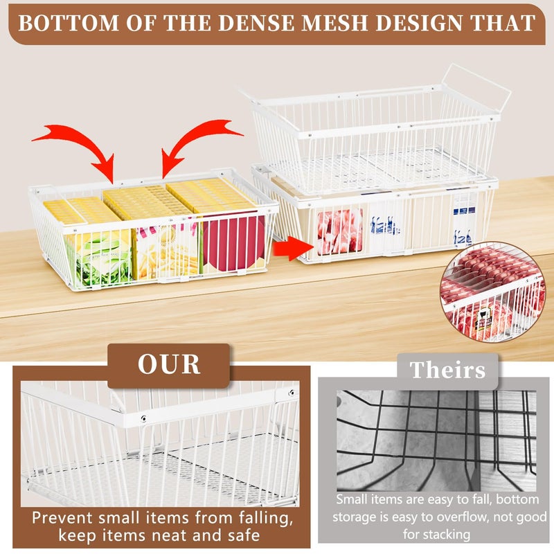 ANJUBAN Large Freezer Organizer Binsï¼ŒUpgraded Bottom Leak-Proof netï¼Œ2 Packï¼Œ Expandable Stackable Chest Freezer Containers with Handleï¼Œfor Fridge, Deep Freezer, Cabinet, Kitchen, Pantry (White-2Pack) - Image 2