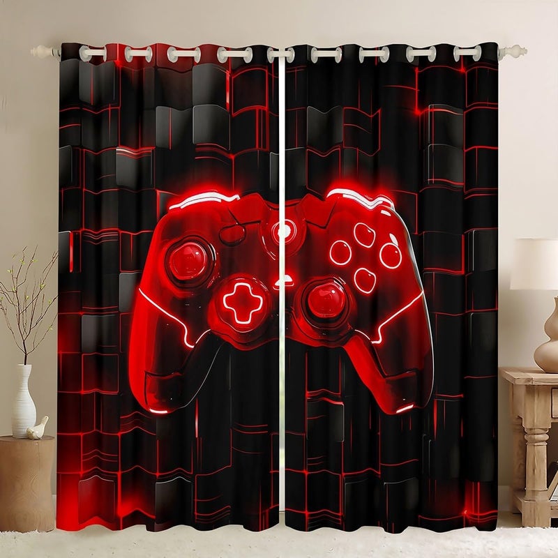 Man Fei Kids Games Window Curtains Red Gaming Window Drapes for Boys Girls Teens Room Decor, Black Video Gamer Controller Window Treatments, Grommet Top 2 Panel Set Bedroom Curtains, 66Wx72L inch - Image 1