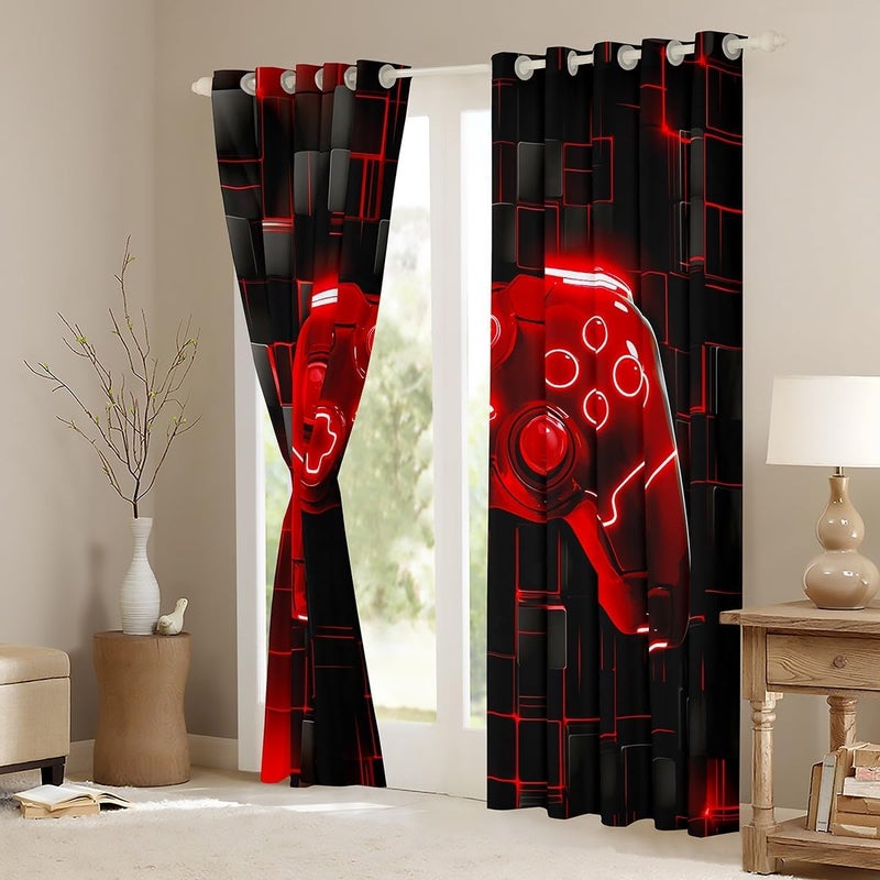 Man Fei Kids Games Window Curtains Red Gaming Window Drapes for Boys Girls Teens Room Decor, Black Video Gamer Controller Window Treatments, Grommet Top 2 Panel Set Bedroom Curtains, 66Wx72L inch - Image 3