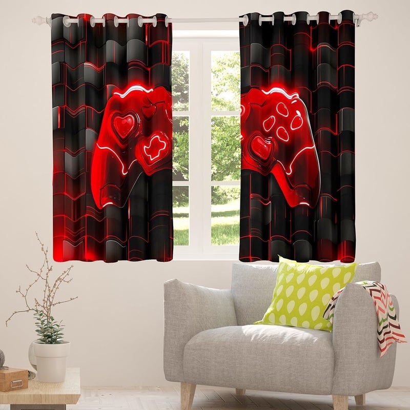 Man Fei Kids Games Window Curtains Red Gaming Window Drapes for Boys Girls Teens Room Decor, Black Video Gamer Controller Window Treatments, Grommet Top 2 Panel Set Bedroom Curtains, 66Wx72L inch - Image 4