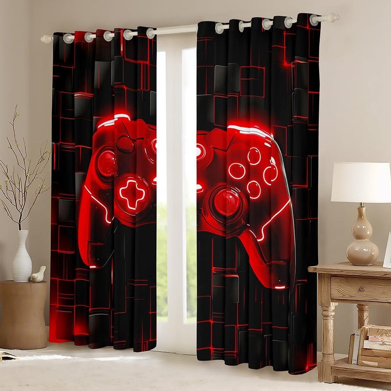Man Fei Kids Games Window Curtains Red Gaming Window Drapes for Boys Girls Teens Room Decor, Black Video Gamer Controller Window Treatments, Grommet Top 2 Panel Set Bedroom Curtains, 66Wx72L inch - Image 2