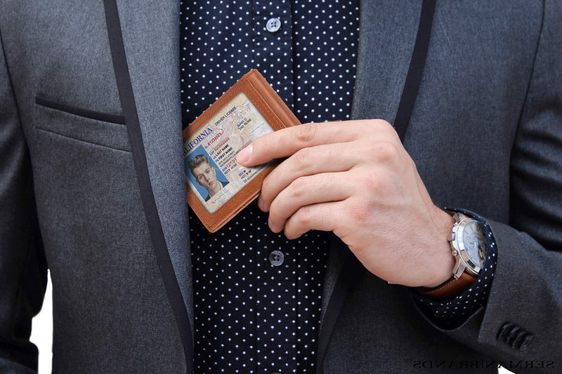SERMAN BRANDS محافظ سِيرمان براندز RFID المضادة للسرقة نحيفة ثنائية الطي من الجلد الطبيعي للرجال مع مشبك نقود هدية رقيقة (كاراميل داكن 1.S) - Image 2