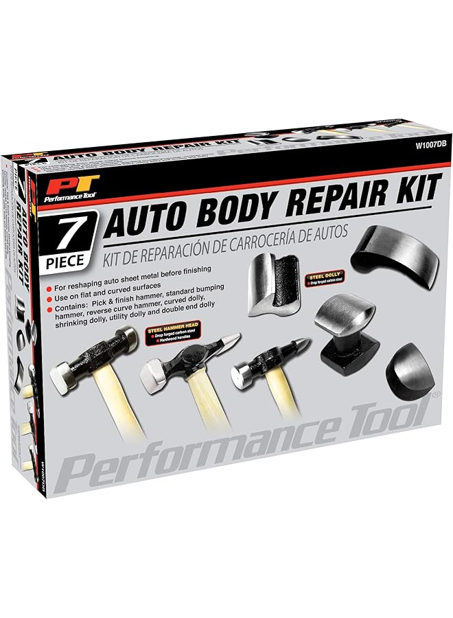 Performance Tool W1007Db 7-Piece Auto Body Repair Kit With Carbon Steel Hammer Heads And Dollies On Wood Handles - Image 2
