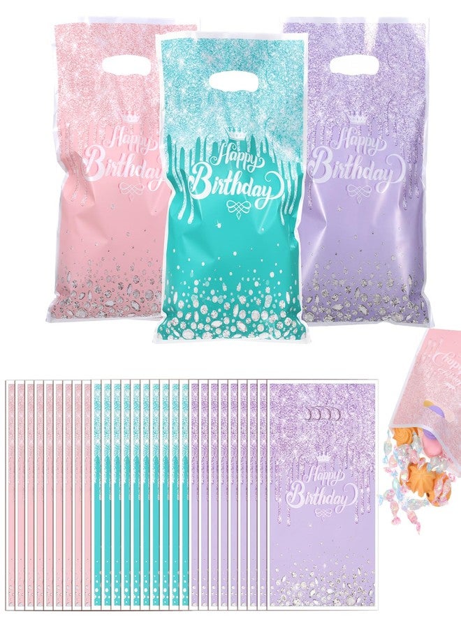 Bruislard 30 Pcs Glitter Diamond Goodie Bag with Handles Happy Birthday Candy Bags Pink Purple Light Blue Gift Bags Birthday Party Favor Bag for Women Girls Party Decor Supplies(3 Colors - Image 1
