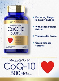 CARLYLE CoQ10 300mg | 120 Softgels | Mega Q-Sorb Coenzyme Q-10 | with Black Pepper Extract | Non-GMO, Gluten Free  - Image 3