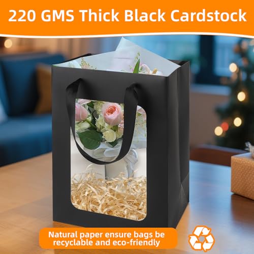 MOXARYSU 3 Pcs Black Gift Bags with Clear Window: 9.8x5.1x7.1 Inch Small Medium Kraft Paper Bags with Handle For Party Business Birthday Wedding (Black,3p) - Image 3