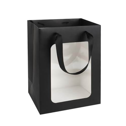 MOXARYSU 3 Pcs Black Gift Bags with Clear Window: 9.8x5.1x7.1 Inch Small Medium Kraft Paper Bags with Handle For Party Business Birthday Wedding (Black,3p) - Image 1