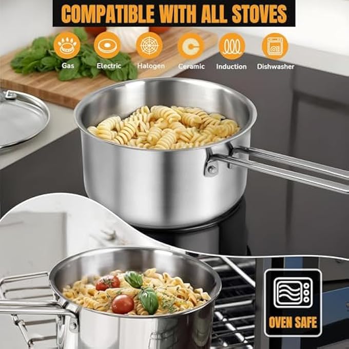 Azonee 26L TriPly Stainless Steel Saucepan InductionCompatible Sauce Pan With Glass Lid Stay Cool Handle Oven  Dishwasher Safe For All Cooktops Silver - Image 3