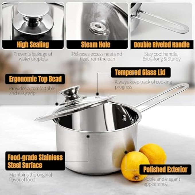 Azonee 26L TriPly Stainless Steel Saucepan InductionCompatible Sauce Pan With Glass Lid Stay Cool Handle Oven  Dishwasher Safe For All Cooktops Silver - Image 5