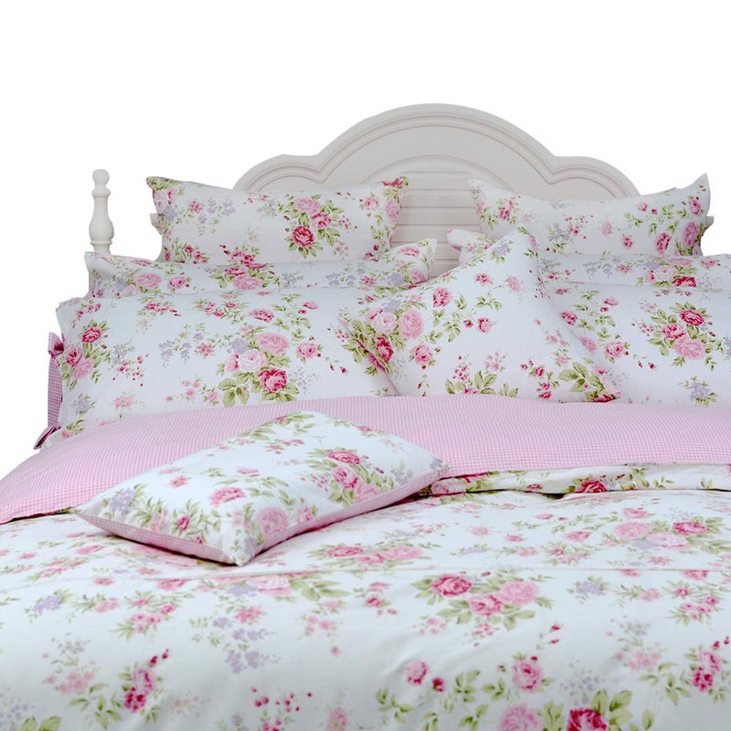 FADFAY Rose Floral Duvet Cover Set Pink Grid Cotton Girls Bedding with Hidden Zipper Closure 3 Pieces 1duvet Cover  2pillowcasesQueen Size