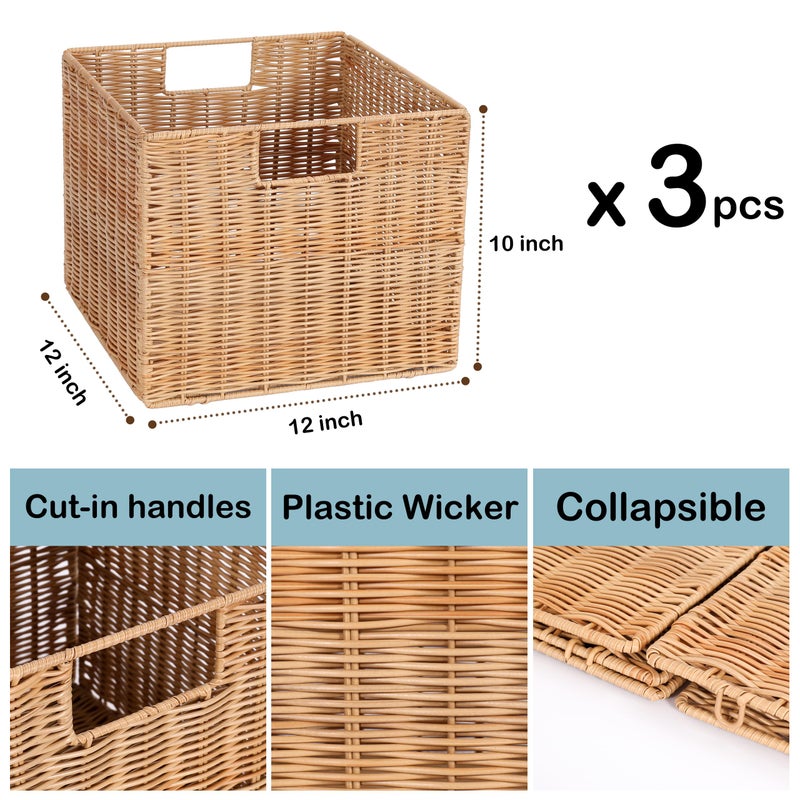 DINGTAI 12X12X10in Plastic Wicker Storage Basket, Collapsible Wicker Cube Storage for Shelves, Woven Plastic Storage Basket for Pantry, Bedroom, Living Room, Bathroom, Shelves-3 Pack - Image 4