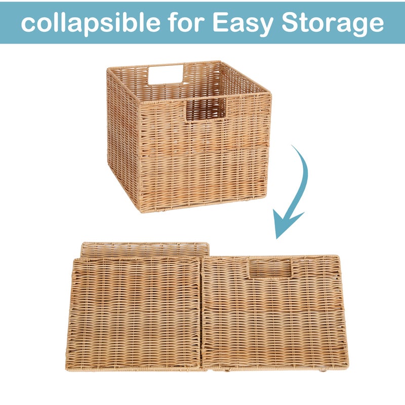DINGTAI 12X12X10in Plastic Wicker Storage Basket, Collapsible Wicker Cube Storage for Shelves, Woven Plastic Storage Basket for Pantry, Bedroom, Living Room, Bathroom, Shelves-3 Pack - Image 5