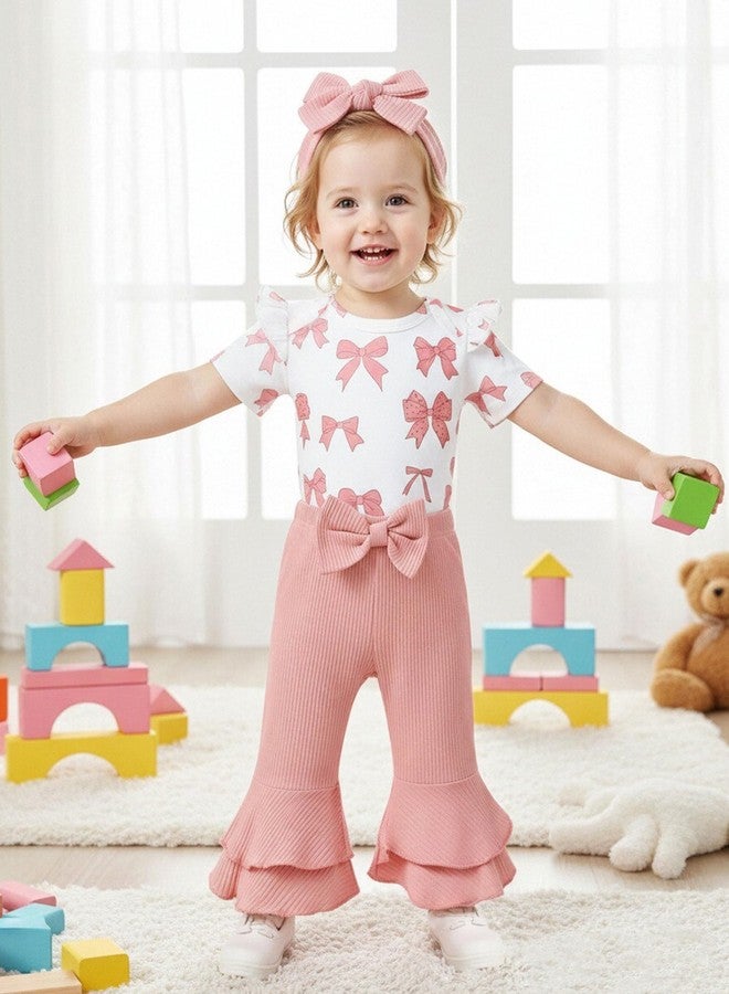 Renotemy Newborn Baby Girl Clothes Infant Romper Spring Summer Outfits Gifts Bell Bottoms Pant Sets for Girls Preemie-12Month, Pink, 0-3 Months - Image 2