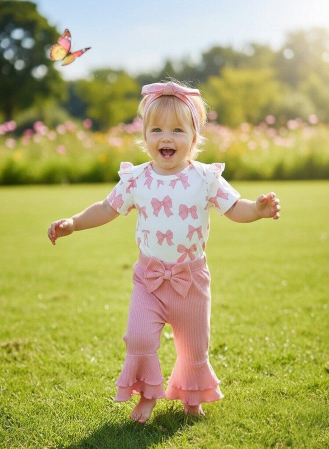 Renotemy Newborn Baby Girl Clothes Infant Romper Spring Summer Outfits Gifts Bell Bottoms Pant Sets for Girls Preemie-12Month, Pink, 0-3 Months - Image 5