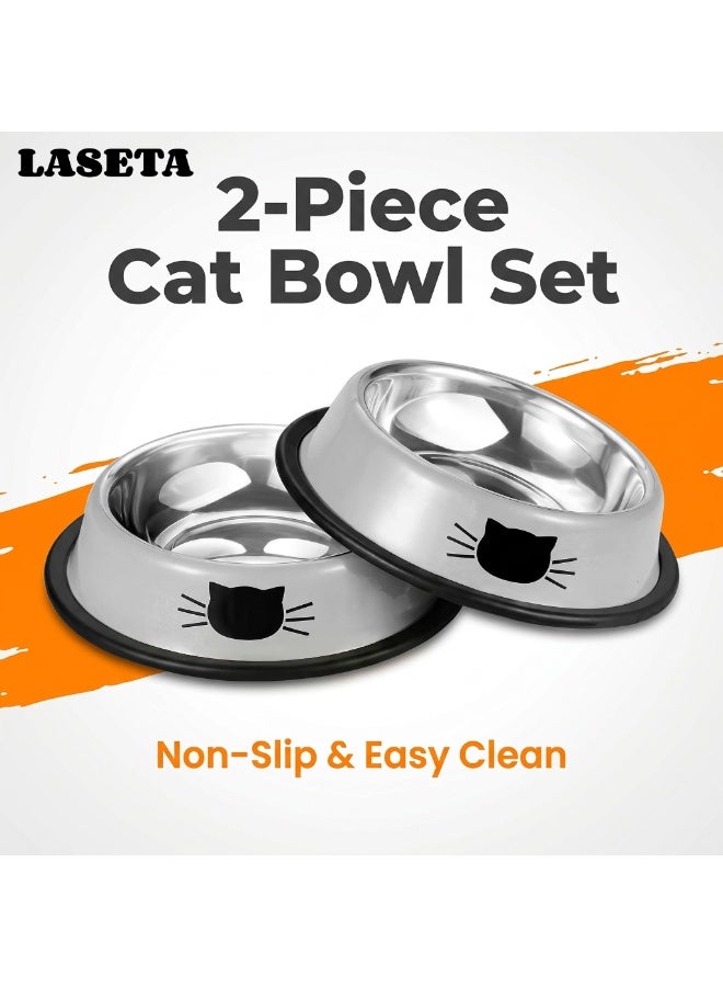 Laseta Anti-Slip Stainless Steel Cat Bowl Set of 2, Grey Pet Feeder Bowls for Food & Water - Image 1
