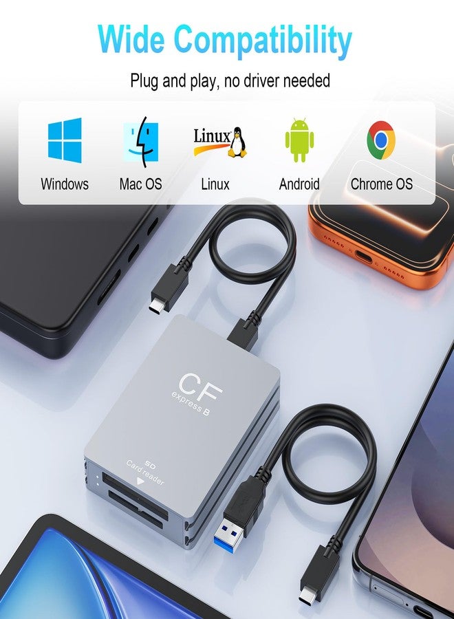 روكيتيك قارئ بطاقات ذاكرة مزدوج الفتحات من نوع CFexpress B وSD، محول USB 3.2 Gen 2 من النوع B بسرعة 10 جيجابت في الثانية، قارئ بطاقات ذاكرة CF Express مع كابل USB-C إلى USB-C/USB-A، متوافق مع أنظمة Windows/Mac/Linux/Android - Image 5