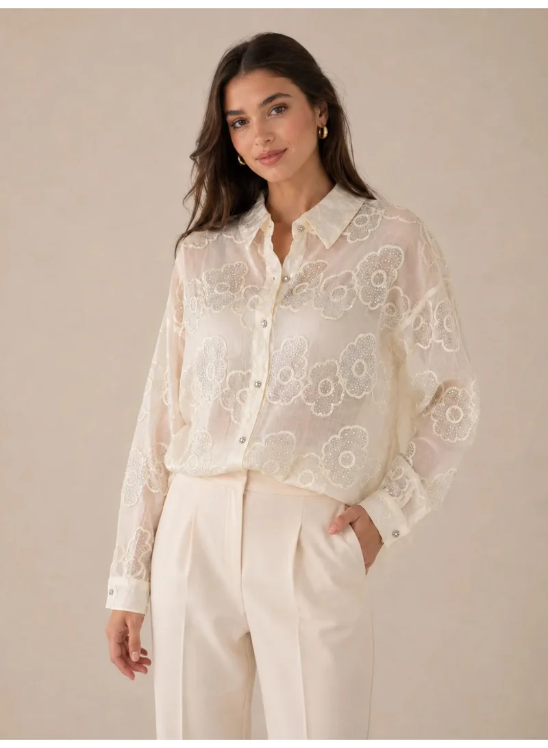 2Trendy Women's Sheer Floral Embroidered Shirt with Sparkle Detail