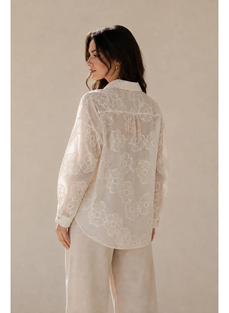 2Trendy Women's Sheer Floral Embroidered Shirt with Sparkle Detail