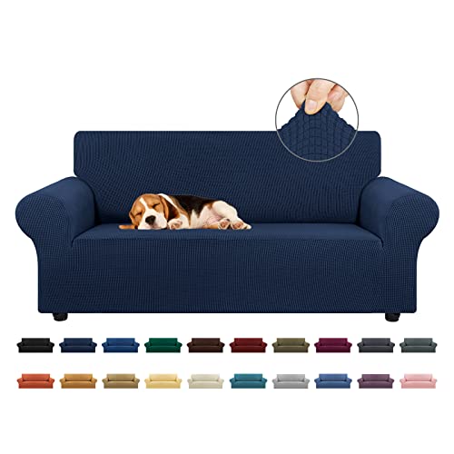 KEKUOU Stretch Loveseat Sofa Cover Slipcover,Couch Covers for 2 Cushion Couch Sofa (55"-78") Furniture Protector Sofa with Elastic Bottom for Kids,Dog. Jacquard Small Checked (Medium,Navy Blue) - Image 1