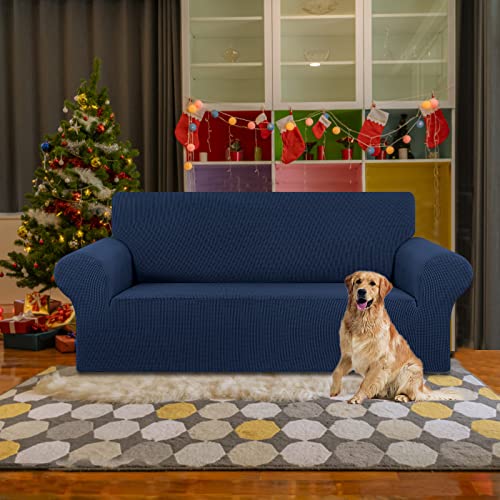 KEKUOU Stretch Loveseat Sofa Cover Slipcover,Couch Covers for 2 Cushion Couch Sofa (55"-78") Furniture Protector Sofa with Elastic Bottom for Kids,Dog. Jacquard Small Checked (Medium,Navy Blue) - Image 2