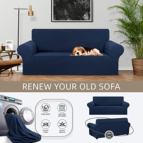 KEKUOU Stretch Loveseat Sofa Cover Slipcover,Couch Covers for 2 Cushion Couch Sofa (55"-78") Furniture Protector Sofa with Elastic Bottom for Kids,Dog. Jacquard Small Checked (Medium,Navy Blue) - Image 3