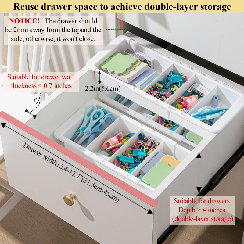 BrightRow 2 Pcs Expandable Drawer Organizer Bins Adjustable Deep Drawer Hanging Organizer Tray Expandable 11.4 to 18.1 Inches Plastic Dividers Storage for Office Bathroom Bedroom Kitchen Desk, White - Image 2