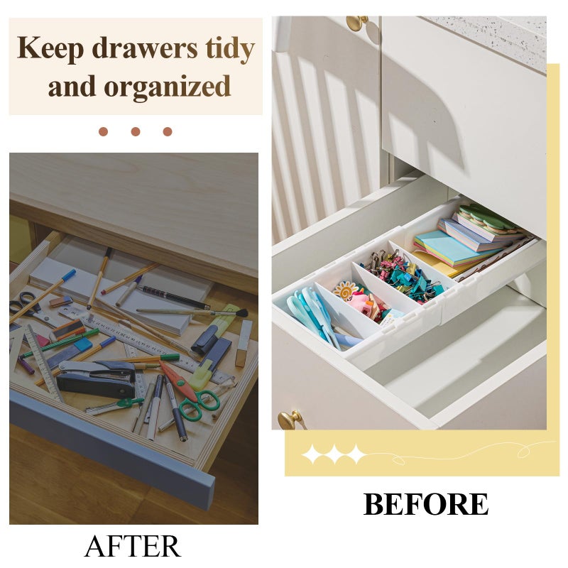 BrightRow 2 Pcs Expandable Drawer Organizer Bins Adjustable Deep Drawer Hanging Organizer Tray Expandable 11.4 to 18.1 Inches Plastic Dividers Storage for Office Bathroom Bedroom Kitchen Desk, White - Image 4