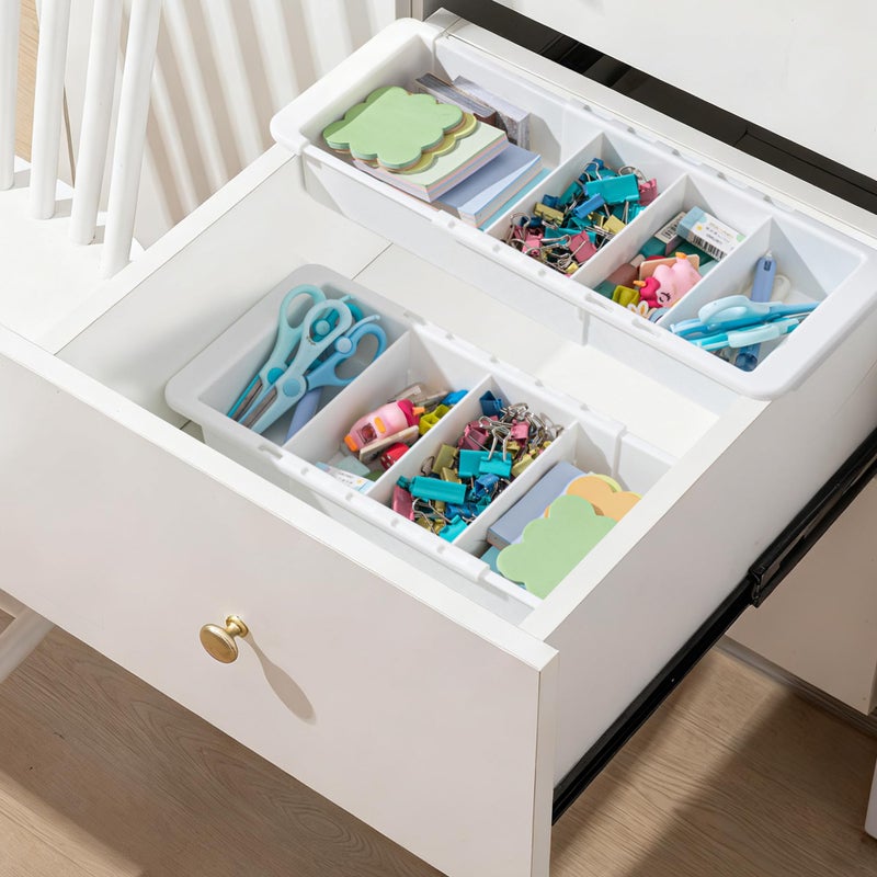 BrightRow 2 Pcs Expandable Drawer Organizer Bins Adjustable Deep Drawer Hanging Organizer Tray Expandable 11.4 to 18.1 Inches Plastic Dividers Storage for Office Bathroom Bedroom Kitchen Desk, White - Image 1