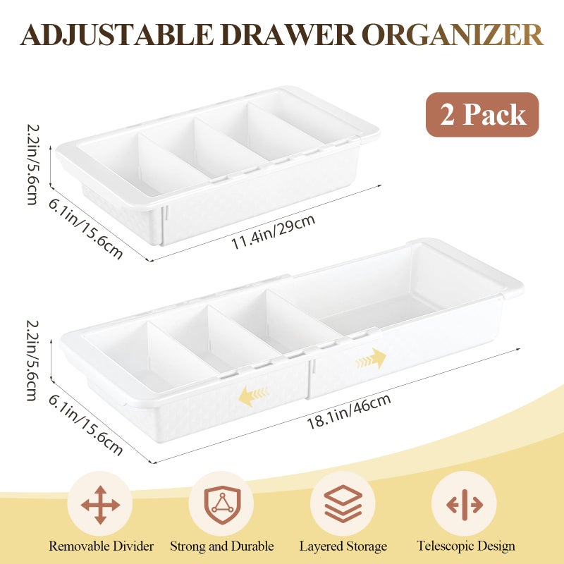 BrightRow 2 Pcs Expandable Drawer Organizer Bins Adjustable Deep Drawer Hanging Organizer Tray Expandable 11.4 to 18.1 Inches Plastic Dividers Storage for Office Bathroom Bedroom Kitchen Desk, White - Image 3