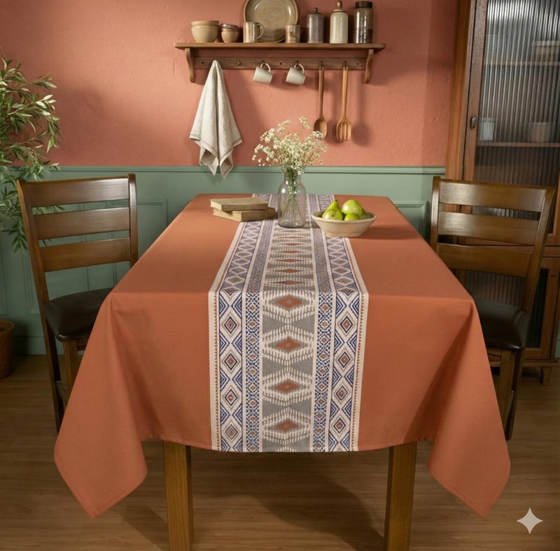 RUSTIQUE LINENS 100% Cotton Printed Table Cloth for 6 Seater – Water & Stain Resistant Dining Table Cover – Heavyweight, Washable – Terracota Trails (190 x 150 CM) - Image 1