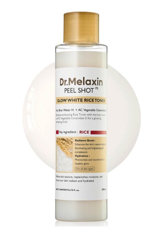 Dr. Melaxin PeelShot Rice Toner — exfoliating rice toner for glass-skin glow, gentle daily resurfacing, brightening and hydrating with rice extract, smooths texture, refines pores, balances oil & moisture, preps skin for serums, suitable for all skin types, alcohol-free