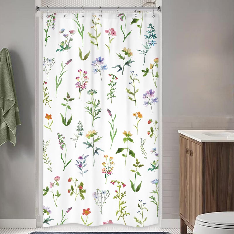 Riyidecor Small Stall Floral Shower Curtain 36Wx72H Inch Half Rv Wildflower Rustic Botanical Plant Herbs Watercolor Flower Spring Season Decor Bathroom Fabric 7 Pack Plastic Shower Hooks Included