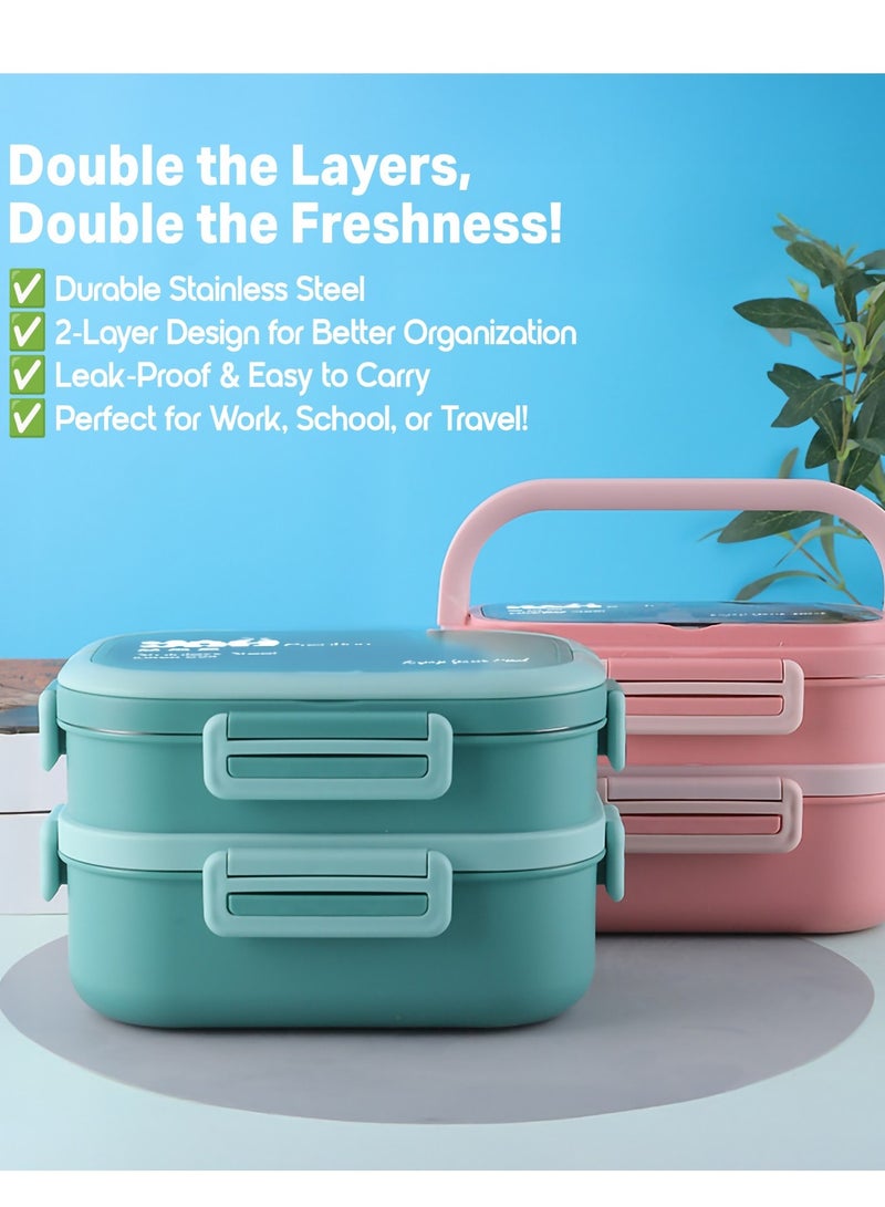 YAH Premium Stainless Steel Bento Lunch Box with Lunch Bag, 2-Layer Leakproof Food Container (1.65L) with Stainless Steel Cutlery & Insulated Thermal Bag, Durable & Stylish for Work & School. Blue & Yellow